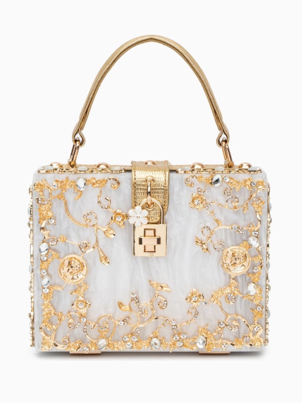 Embellished Acrylic Verano Hill White and Gold Box Bag